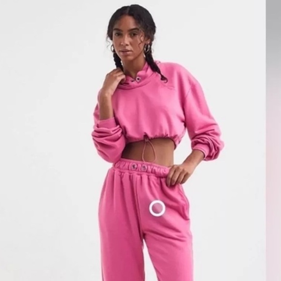 For Love & Lemons Ellie Cropped Sweatshirt Pink Hooded Long Sleeve Size Large 8 - Picture 13 of 13